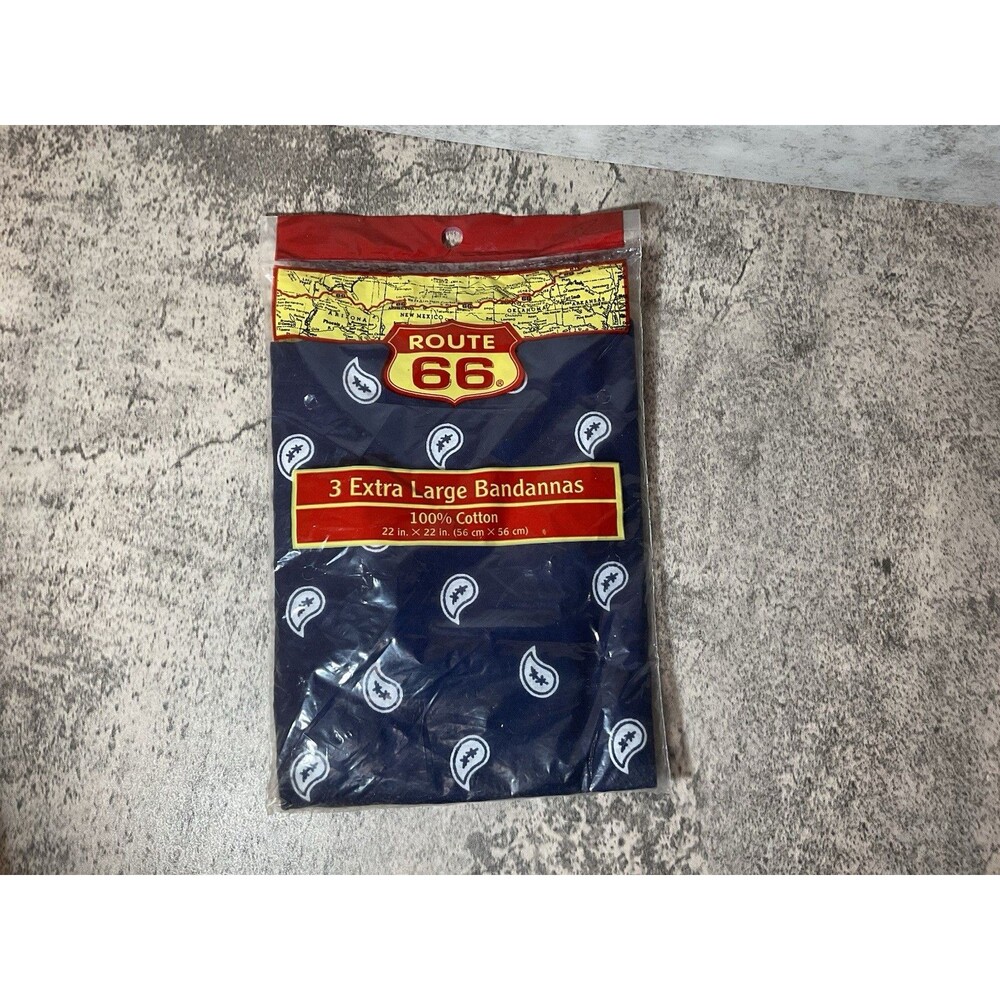 Vtg. Authentic NIP 3pk Route 66 Extra Large 22x22 100% Cotton Blue Bandannas